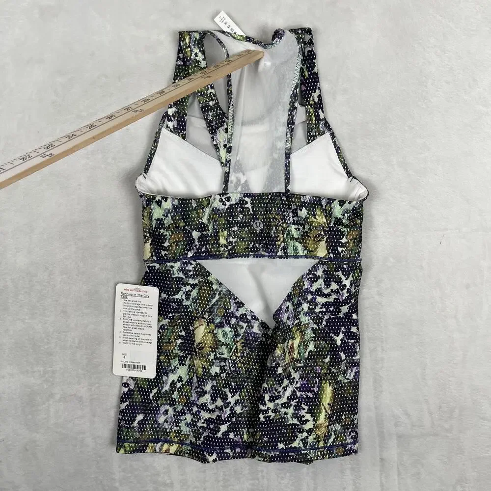 Lululemon Running In The City Tank Top Womens 4 Green Floral Built In Bra